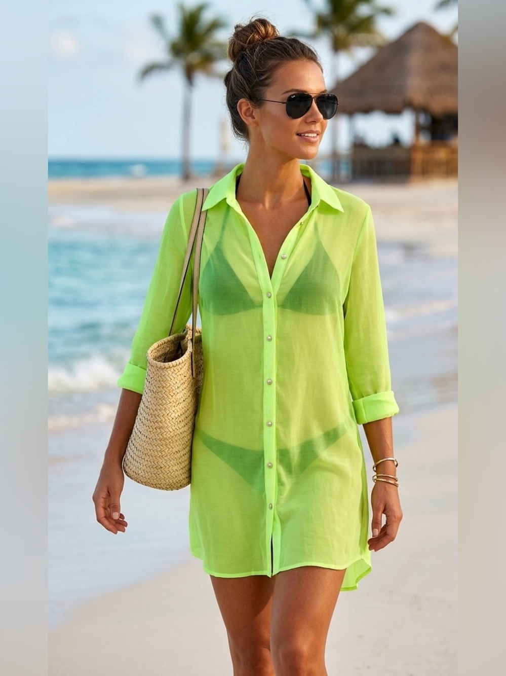 Cia Maritima Neon Green Sheer Button Down Swim Cover Up Shirt Dress Size S